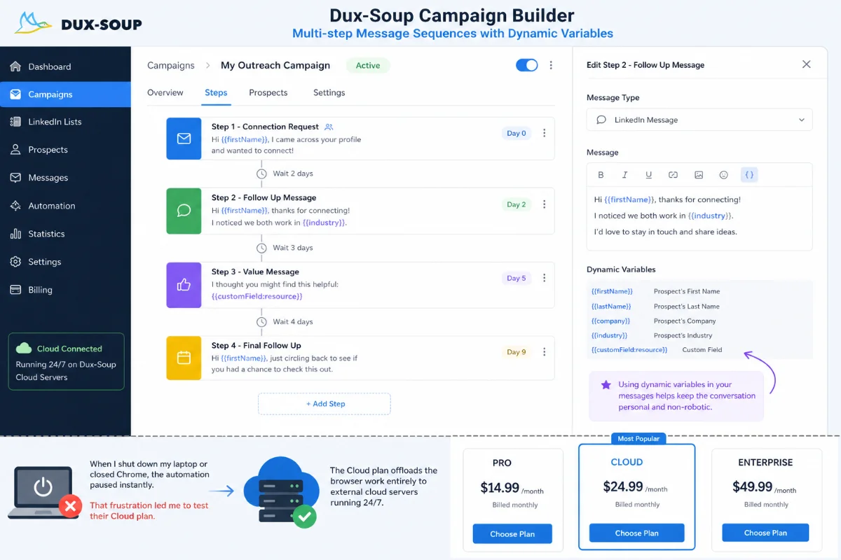 Dux-Soup campaign builder interface with multi-step message sequences