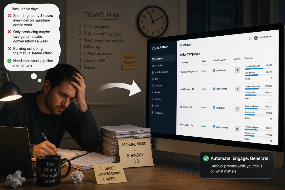 Dux-Soup dashboard showing active LinkedIn lead generation campaigns