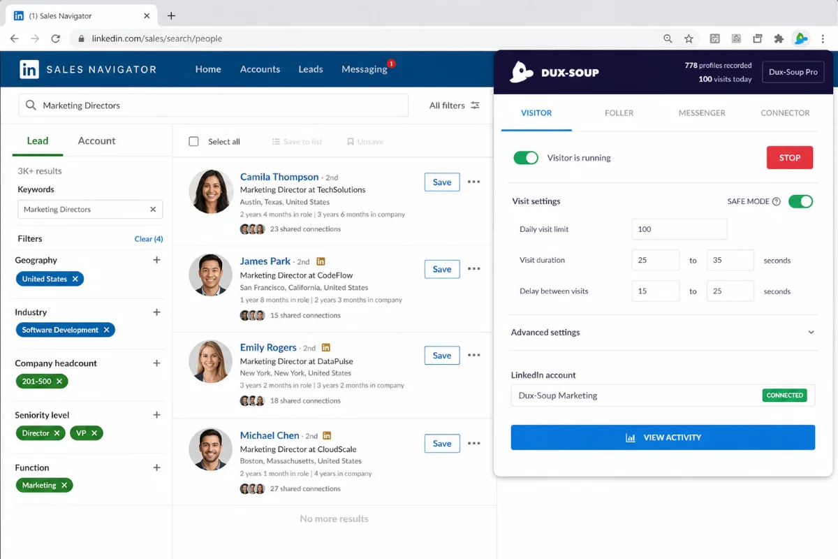 Dux-Soup LinkedIn browser extension dashboard active on a Sales Navigator search page