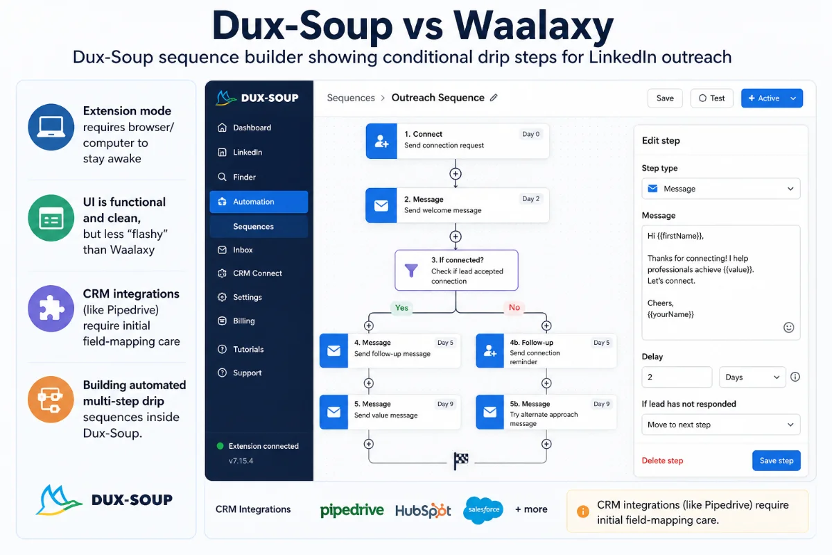 Dux-Soup sequence builder showing conditional drip steps for LinkedIn outreach