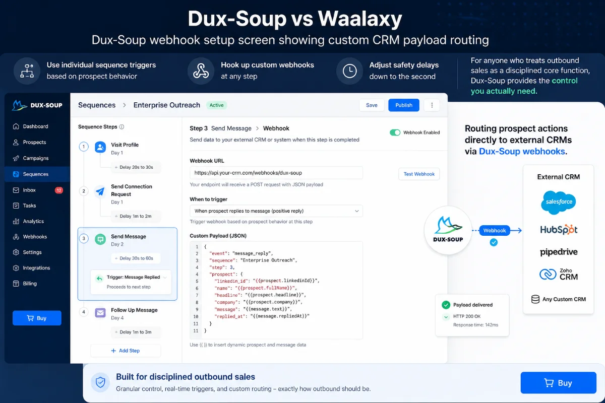 Dux-Soup webhook setup screen showing custom CRM payload routing