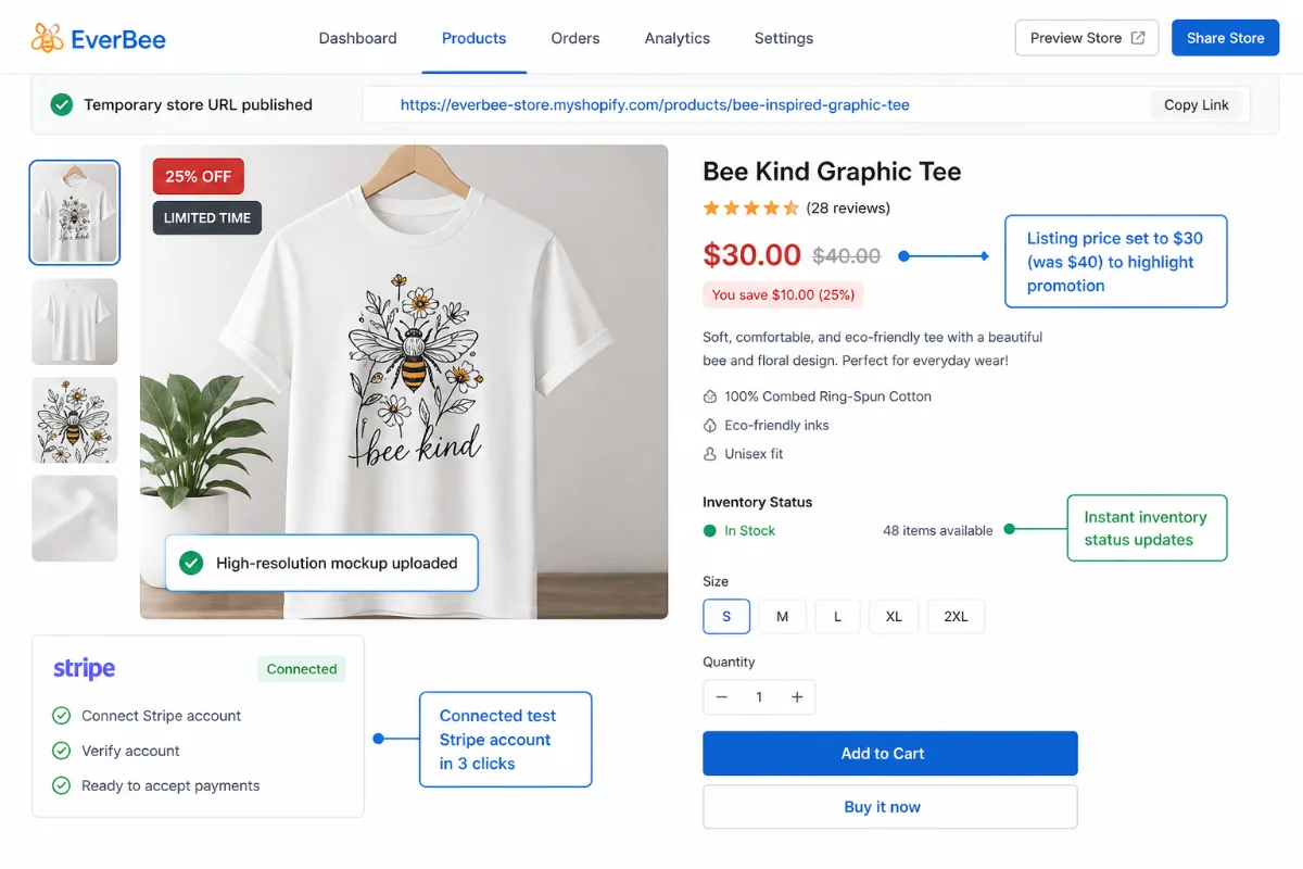EverBee product catalog page with pricing and inventory status