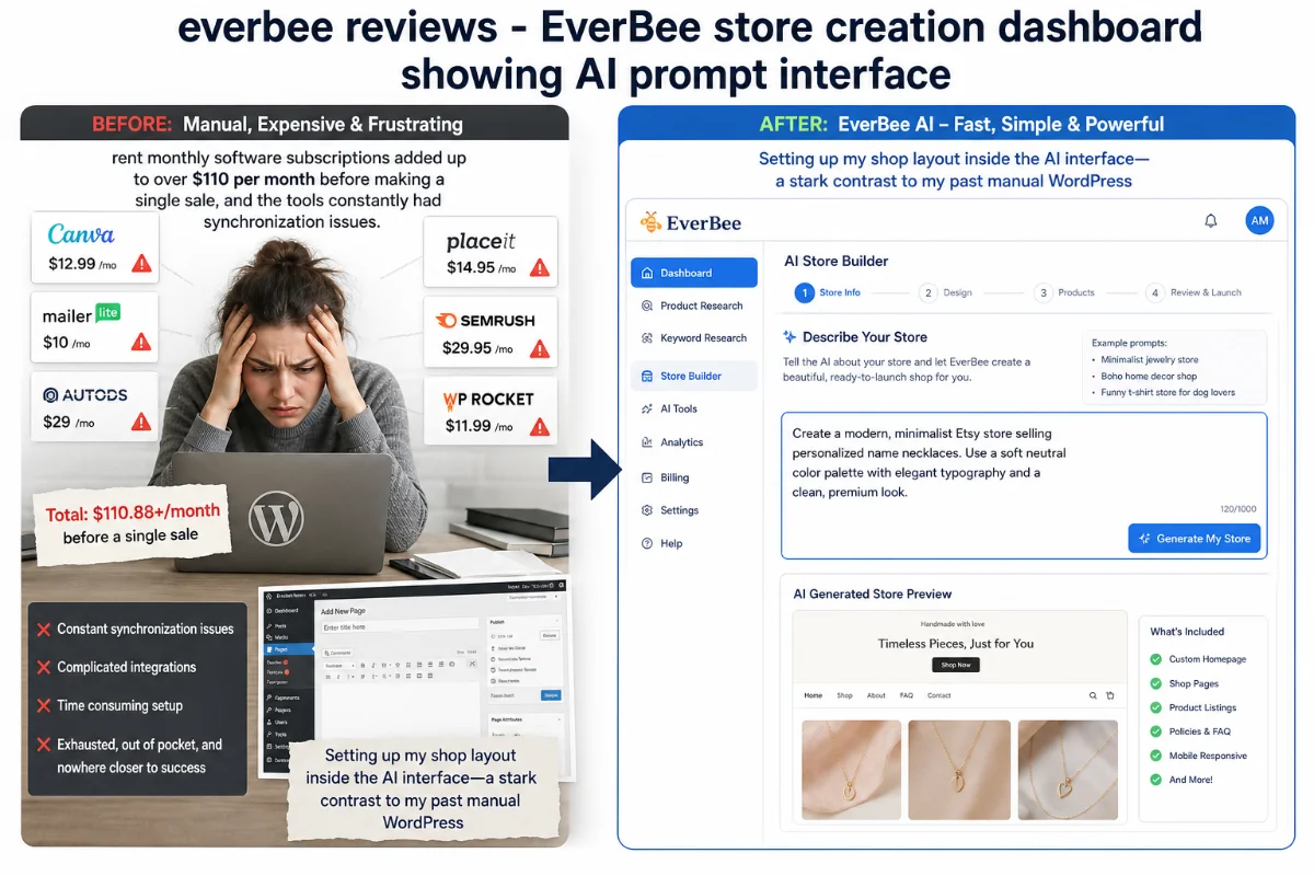 EverBee store creation dashboard showing AI prompt interface