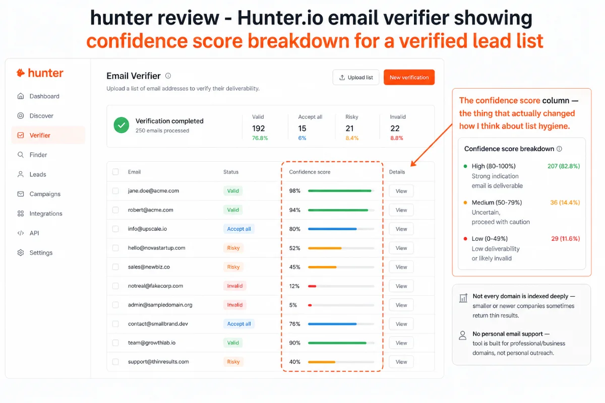 Hunter.io email verifier showing confidence score breakdown for a verified lead list