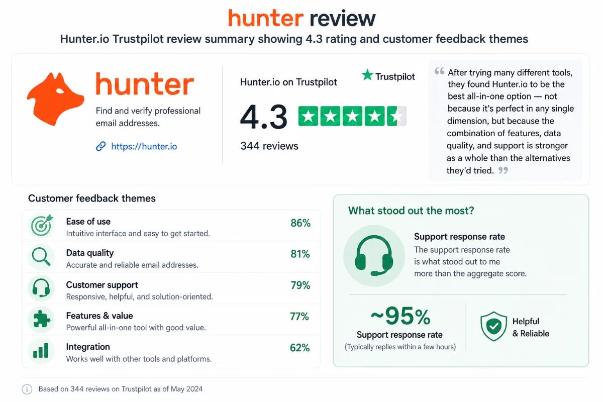 Hunter.io Trustpilot review summary showing 4.3 rating and customer feedback themes